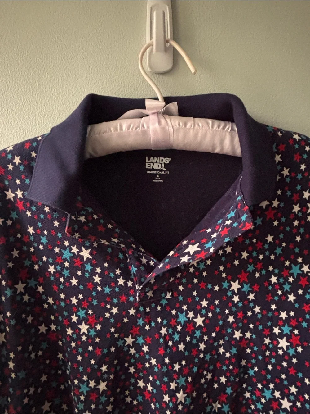Lands End Polo Shirt Red, White & Blue Stars Men's SZ S